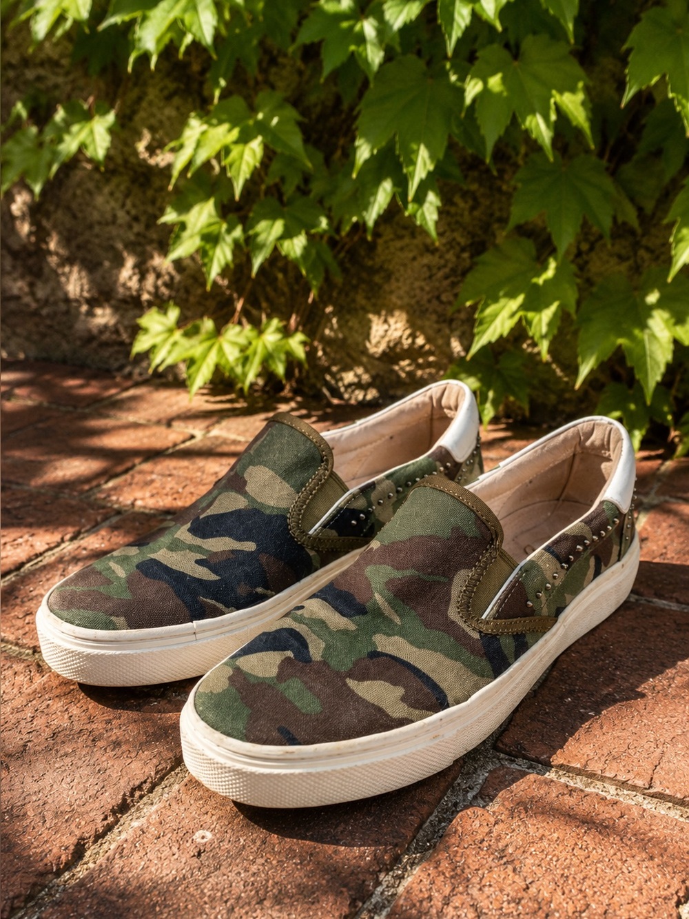 ASH Edgy Downtown Style Textile Studded Camo Nikita Slip-on Sneakers, 38